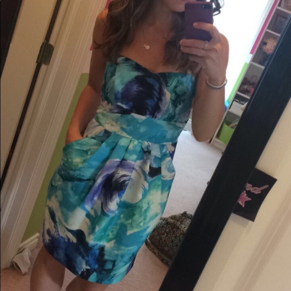 Strapless Watercolor Dress with Pockets